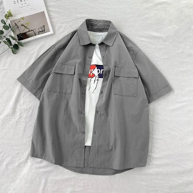 Summer Solid Color Short Sleeve Men's Shirt Loose Fit Japanese Workwear Half Sleeve Top Hong Kong Style White Trendy Casual Shir