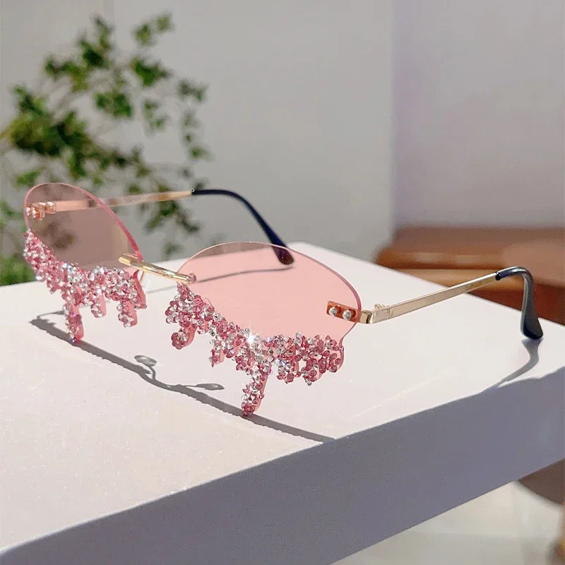 KAMMPT Rimless Tear Shaped Sunglasses with Rhinestones Women Fashion Decorative Shades Trendy Stylish Design Rave Sun Glasses