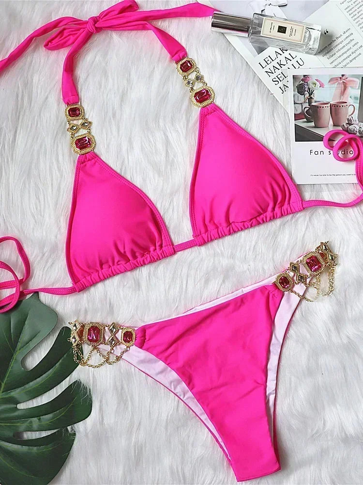 Women’s 2026 Rhinestone Diamond Bikini – Halter Chain Two‑Piece Swimsuit, Sexy Shiny Brazilian Swimwear