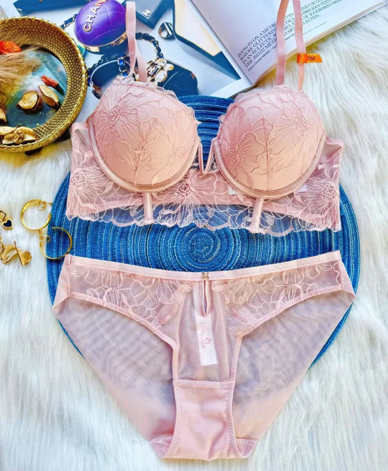 Big Size 70-85 BCD 2025 New Embroidery Deep-V Neck Lingerie For Women Sexy Underwear Thin Thicken Push Up Female Bra Pants Sets