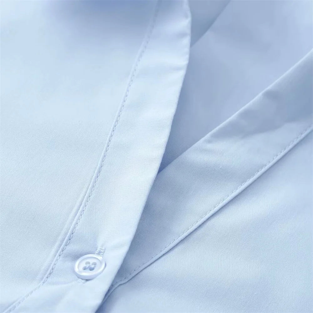 PB&ZA 2025 Women's Light Blue Oversized Collared Button - Down Shirt with 3/4 Sleeves for a Casual and Chic Look