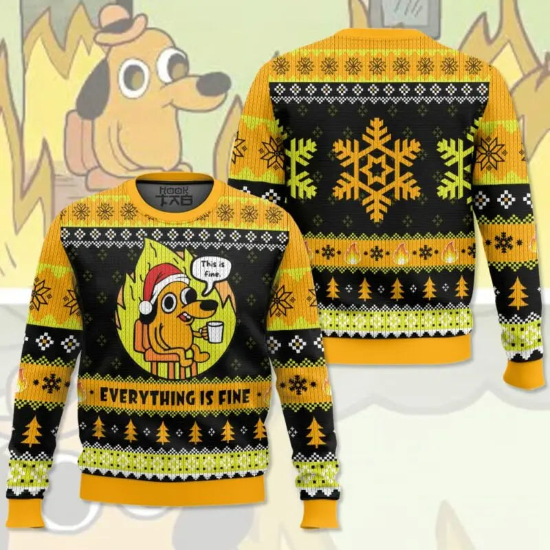 This Is Fine Meme Ugly Christmas Sweater