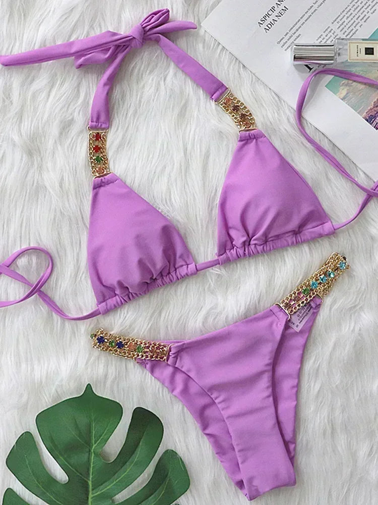 Women’s 2026 Rhinestone Diamond Bikini – Halter Chain Two‑Piece Swimsuit, Sexy Shiny Brazilian Swimwear