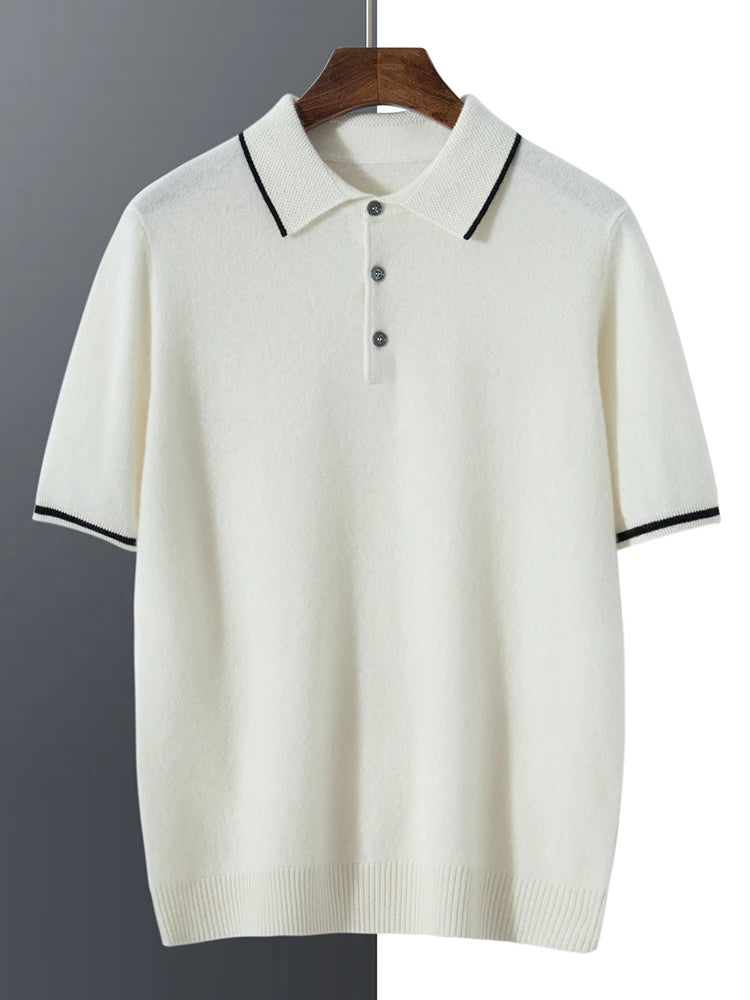 ADDONEE Men's Cashmere Summer Polo T-shirt Smart Casual Short Sleeve Pullover Sweater 100% Cashmere Knitwear Korean Fashion Tops