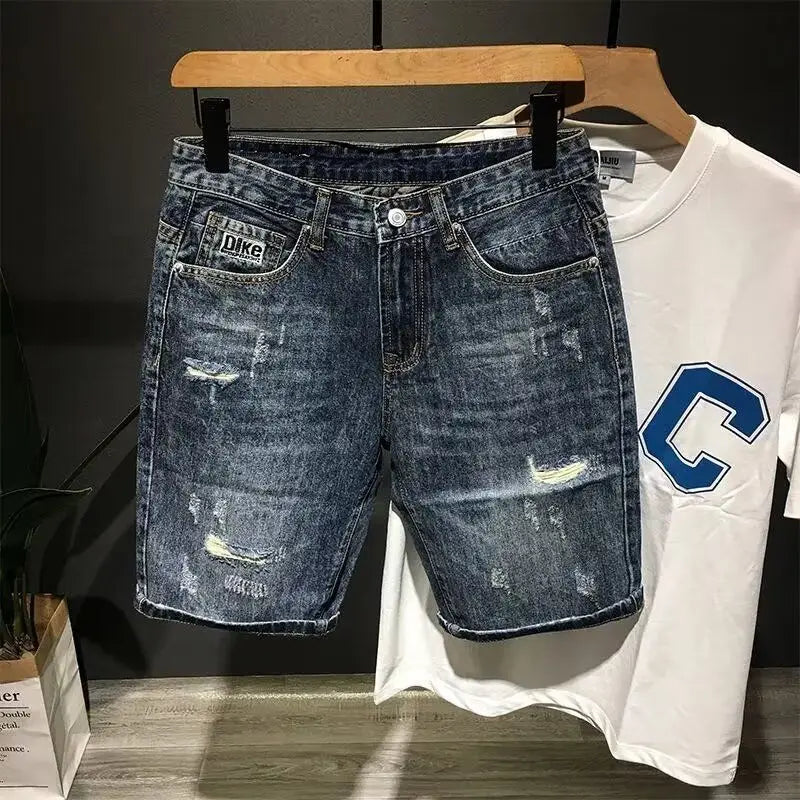 High-end 2025 New Luxury Clothing Trendy Men's Denim Shorts Loose Straight Ripped Hole Distressed Washed Cargo Short Pants