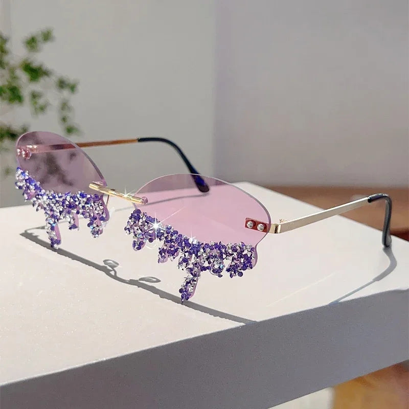 KAMMPT Rimless Tear Shaped Sunglasses with Rhinestones Women Fashion Decorative Shades Trendy Stylish Design Rave Sun Glasses