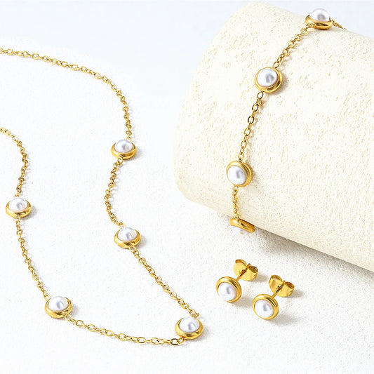 4pc minimalist high-end pearl women's necklace earrings titanium steel versatile bracelet personalized women's jewelry set