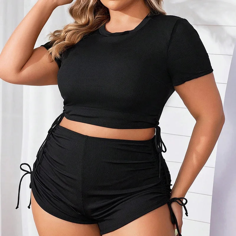 Women’s Plus‑Size Blouson Bikini Set – Solid Drawstring Top & High‑Waist Shorts Swimsuit 2026