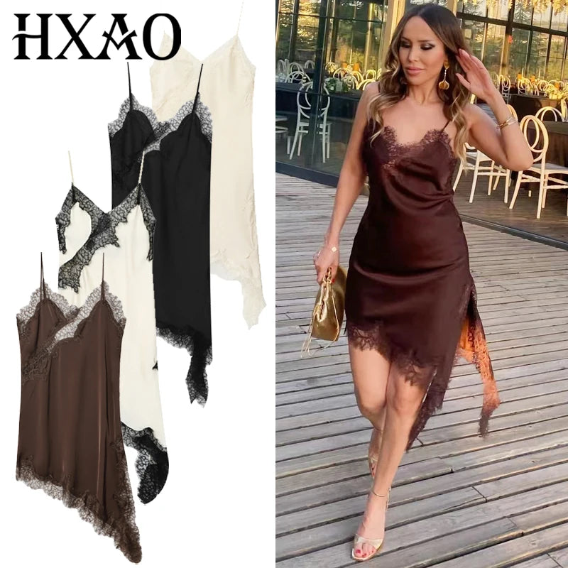 Women’s Lace Asymmetric Slip Dress – Sexy Backless Mini Dress | HXAO Summer 2025 Vestidos