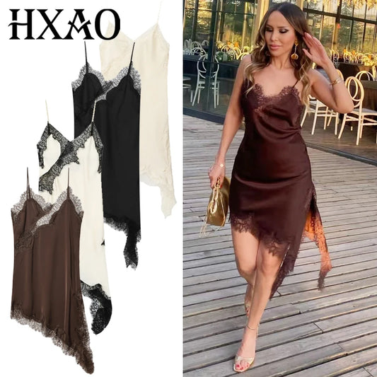 Women’s Lace Asymmetric Slip Dress – Sexy Backless Mini Dress | HXAO Summer 2025 Vestidos
