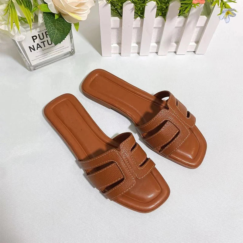 Women’s French Square Toe Slides — Multicolor H‑Slippers Summer Beach Sandals High‑Quality Designer Style