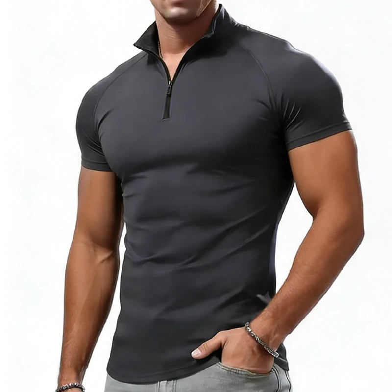 Men’s Compression T‑Shirt – Summer Slim Fit Zipper Neck Gym Fitness Tee, Skinny Casual Fashion Top
