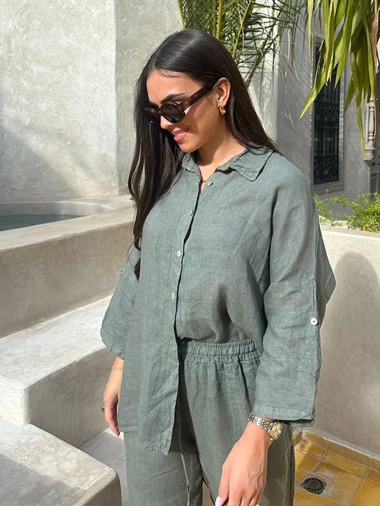 Casual Women Trousers Sets Lapel Single Breasted Long Sleeve Loose Top Wide Leg Pant Set 2025 Summer Cotton Linen Lady Suits