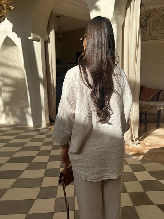 Casual Women Trousers Sets Lapel Single Breasted Long Sleeve Loose Top Wide Leg Pant Set 2025 Summer Cotton Linen Lady Suits