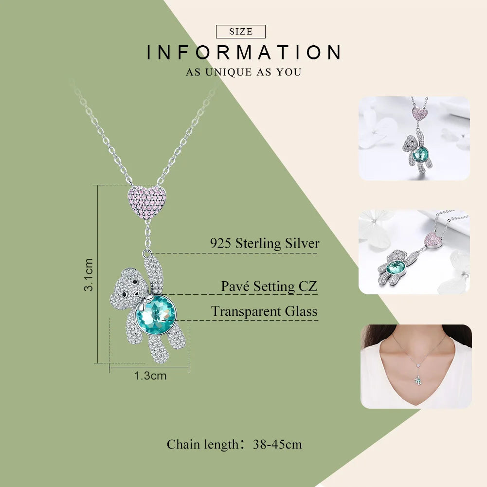 BAMOER 100% 925 Sterling Silver Pink CZ Heart And Cute Bear Animal Pendant Necklaces for Women Silver Jewelry Gift SCN271