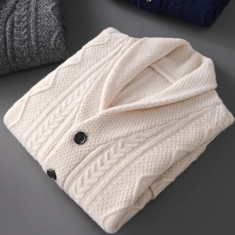 Autumn Winter Men 100% Merino Wool knitted Cashmere Sweater Thick Jacquard Coat Turn-Down Collar Cardigan Smart Casual Chic Tops