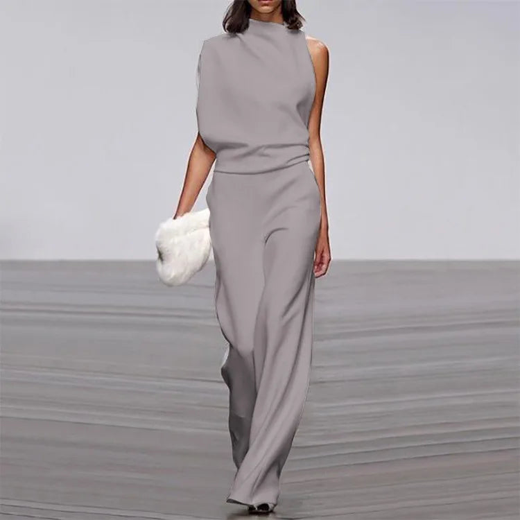 Solid Color Irregular Sleeveless Jumpsuits Women Fashion Temperament Sexy Backless Folds Slightly Flared Jumpsuit Female 2025