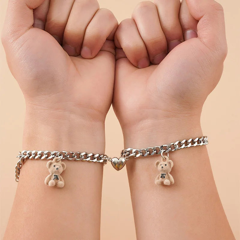 JWER 2Pcs/set Magnet Couple Bracelets Heart Attraction Bracelet Stainless Steel Charm Simple Cuban Chains Key Lock Jewelry Gifts