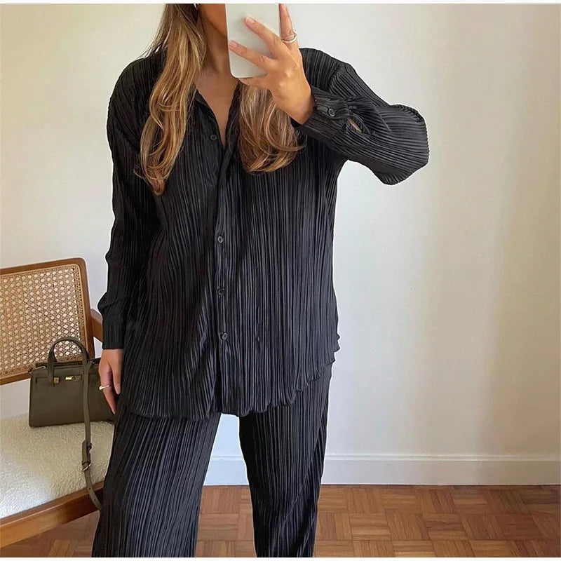 CM.YAYA Street Women's Set Long Sleeve Shirt Tops and Wide Leg Pants Elegant Tracksuit Two Piece Set Sweatsuit Fitness Outfits