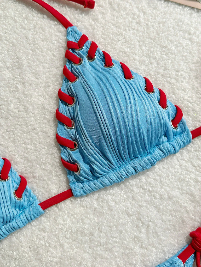 Halter Wrinkled Weave Bikini Set Women Swimwear Female Swimsuit Two Pieces Bikini Set Brazilian Bathing Suit Swim Beach Wear