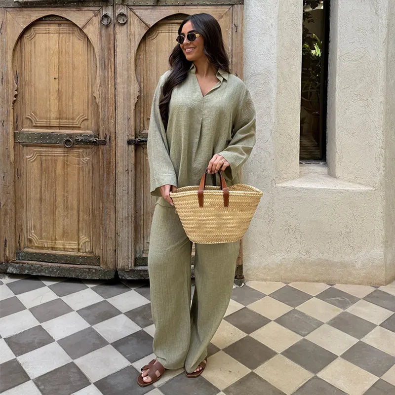 Casual Women Trousers Sets Lapel Single Breasted Long Sleeve Loose Top Wide Leg Pant Set 2025 Summer Cotton Linen Lady Suits