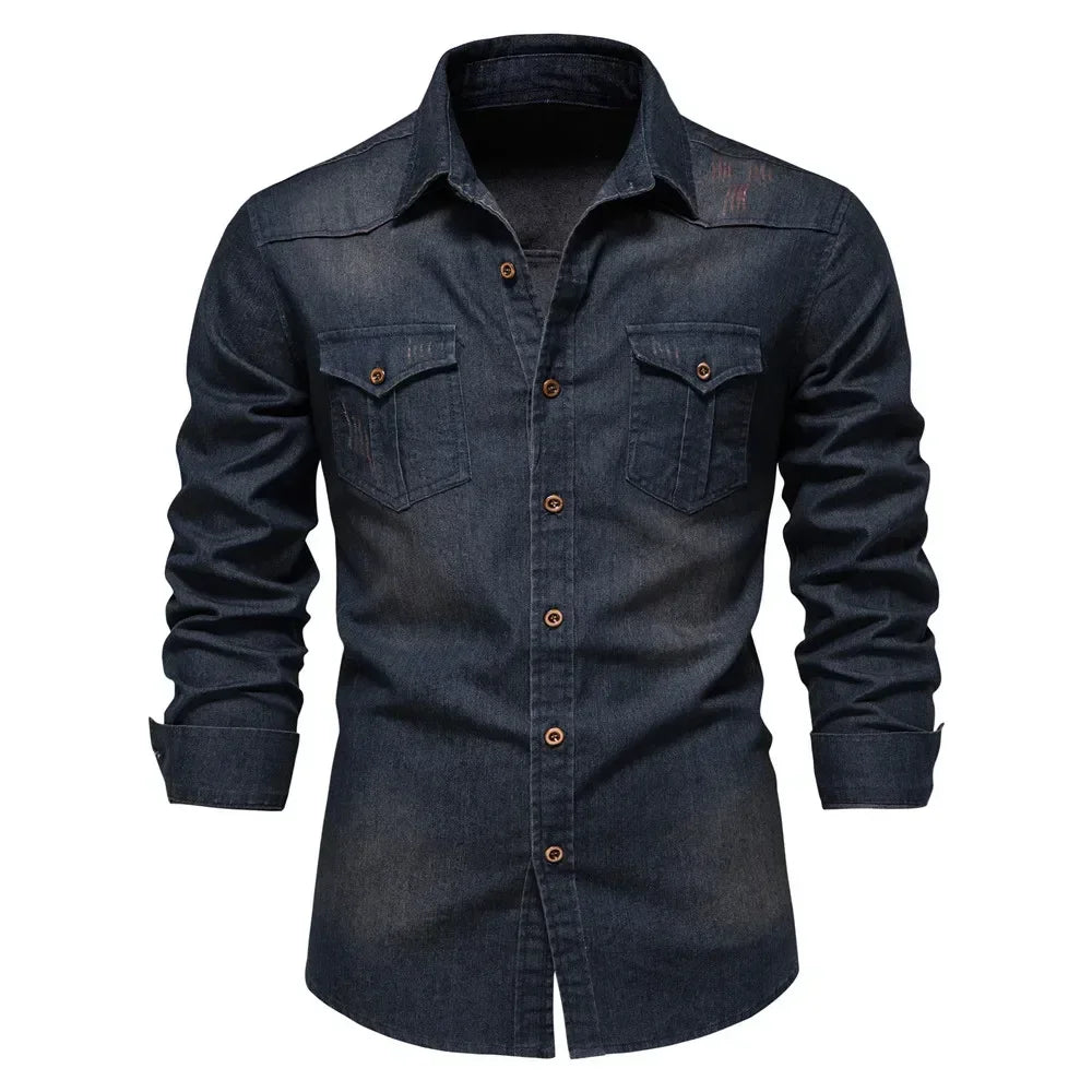 Men’s Elastic Cotton Denim Shirt – Slim‑Fit Long‑Sleeve Cowboy Western Casual Top | AIOPESON Designer Style