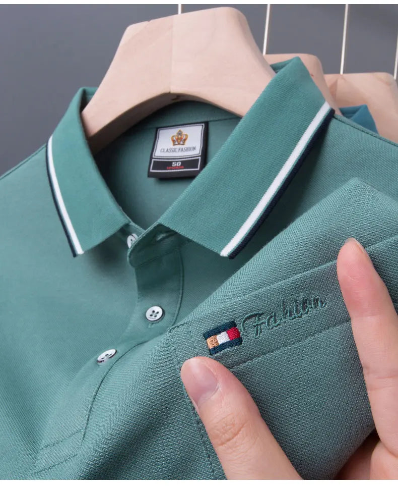 Top Grade Summer Short Sleeve Korean New Fashion Cotton Soft Pure Color Lapel Slim Fit Casual Tops Men's pocket Polo Shirts