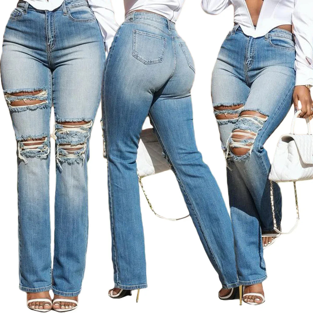 Hole Jeans Women Straight Pants Strecth High Strecth 2025 Streetwear Denims Washed Distressed Pockets Vintage Ripped Trousers