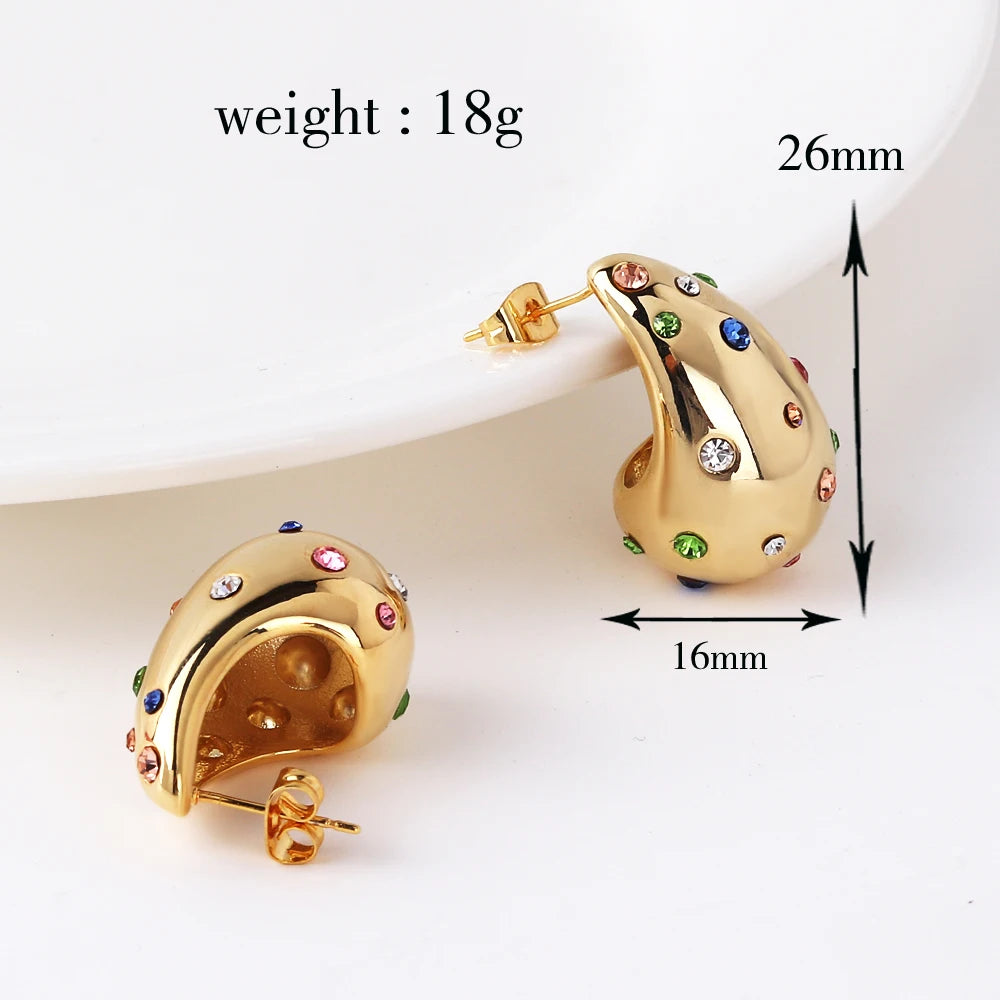 Waterproof 18K PVD Gold Teardrop Stud Earrings — Stainless Steel Inlay Bead Elegant Drop Earrings for Women