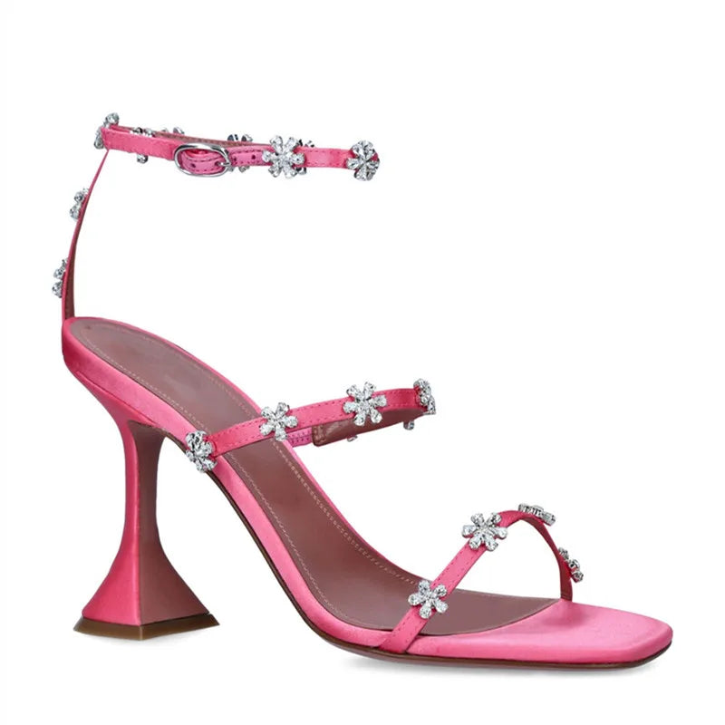 Luxury Crystal Flowers Women Sandals Fashion Ankle Strap Buckle High heels Gladiator sandals Elegant Summer Wedding Prom Shoes