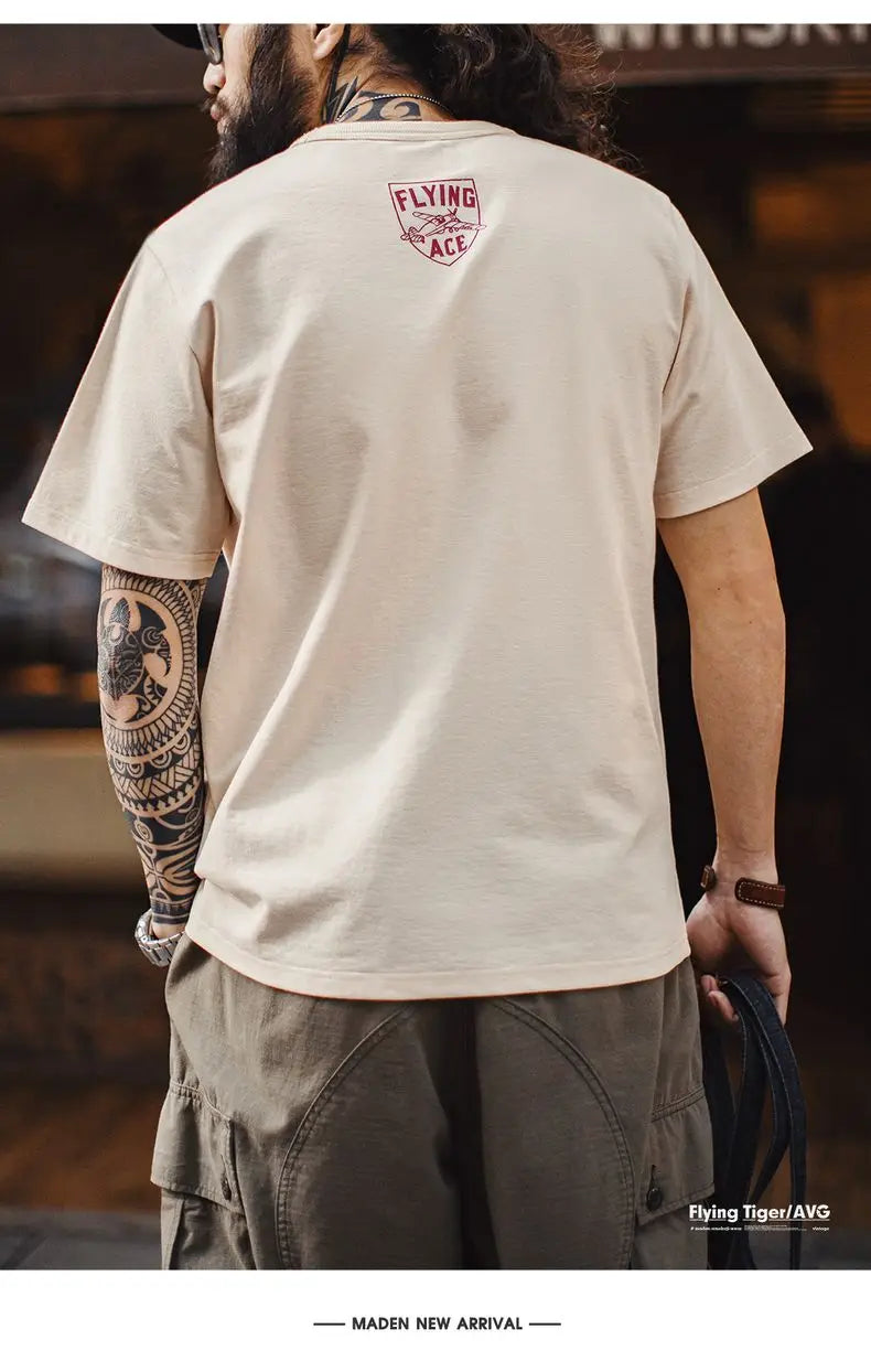 Maden Retro Tiger Print Short Sleeve T-Shirt Men's Summer Loose Apricot Round Neck Tee Embroidered Letter Fringe Casual Tops