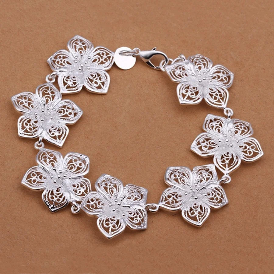 925 Sterling Silver Bracelet Flower Chain Elegant Beautiful Jewelry Wedding  for Women Lady Cute   20cm 8inch
