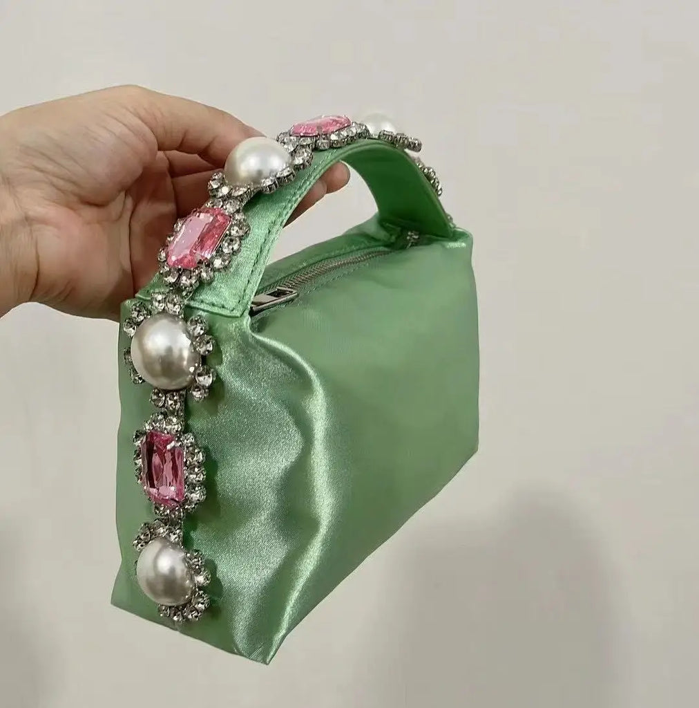 Luxury Designer Pearl Beaded Satin Hobo Bag Women Handbag Rhinestone Diamond Evening Bag Wedding Party Clutch Purse Shoulder Bag