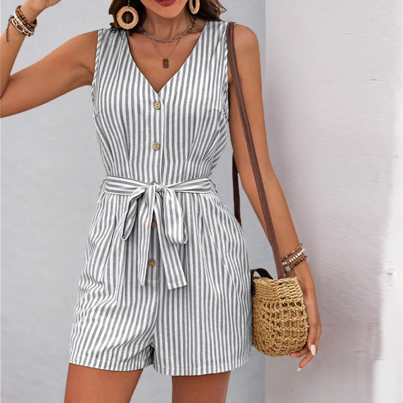 Europe and the United States summer hot selling new striped simple casual one-piece shorts woman