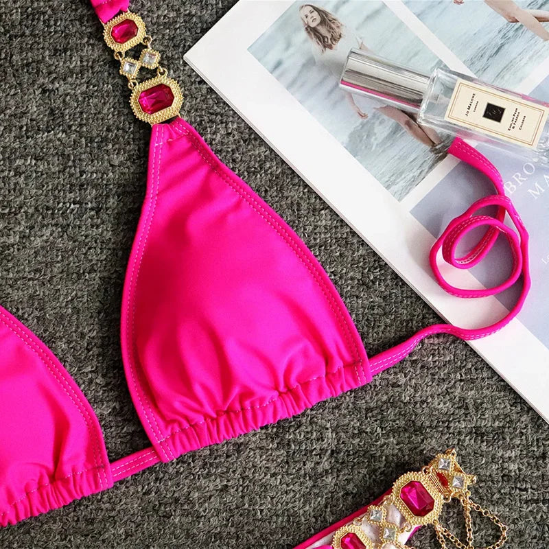 Women’s 2026 Rhinestone Diamond Bikini – Halter Chain Two‑Piece Swimsuit, Sexy Shiny Brazilian Swimwear