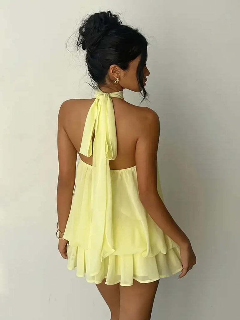 Women’s Backless Halter Neck Dress – Tie‑Front Chiffon Sheer Mini Skirt, Sexy Y2K Vintage Party Dress