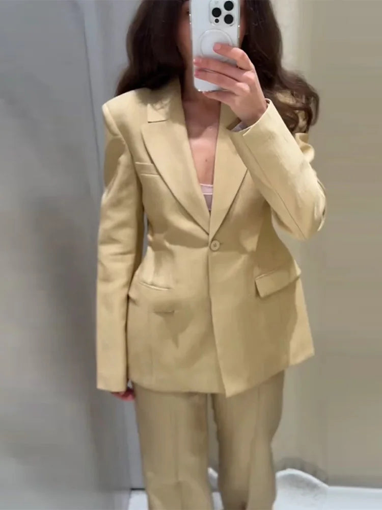Casual Lapel Single Breasted Coats Straight Long Pants Sets Elegant Solid Suit Jackets Set for Women 2025 New Office Lady Suits