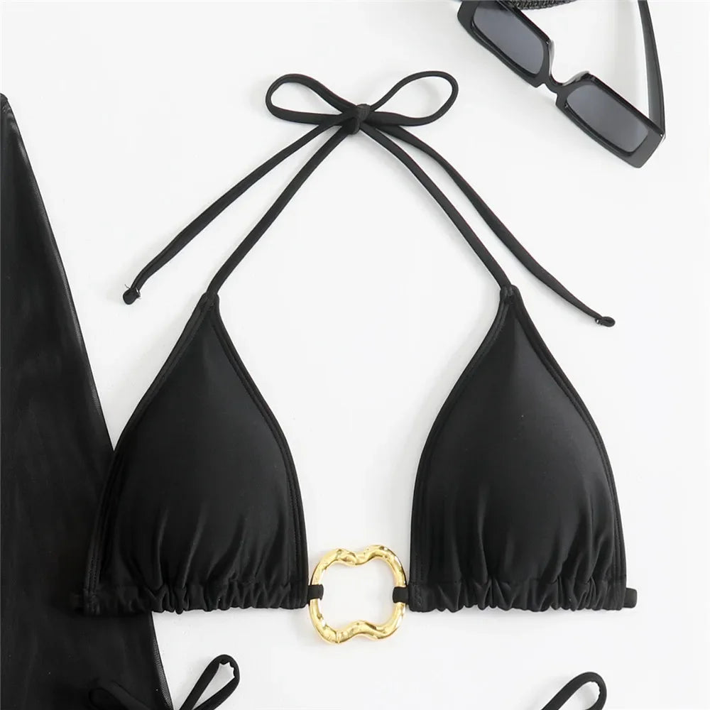 Women’s Brown Halter String Triangle Bikini Set — 4‑Piece Mesh Smock Cover‑Up Swimwear with Metal Ring Details