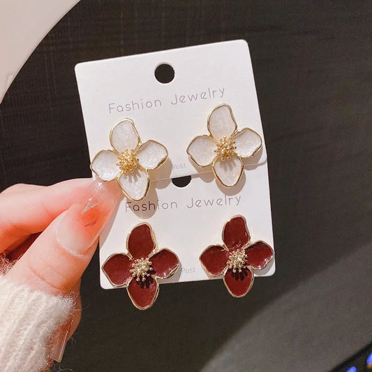 Fashion Korean Women Retro Drip Glaze Red Flower Earrings Women for Delicate Earrings Luxury Couple Engagement Jewelry Gift