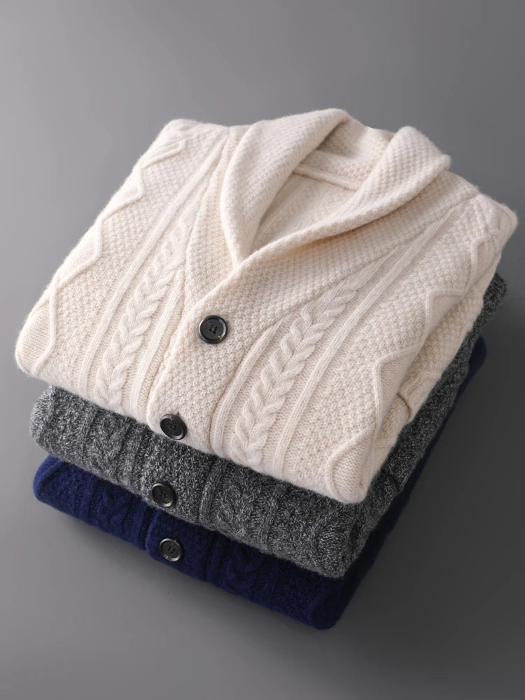 Autumn Winter Men 100% Merino Wool knitted Cashmere Sweater Thick Jacquard Coat Turn-Down Collar Cardigan Smart Casual Chic Tops