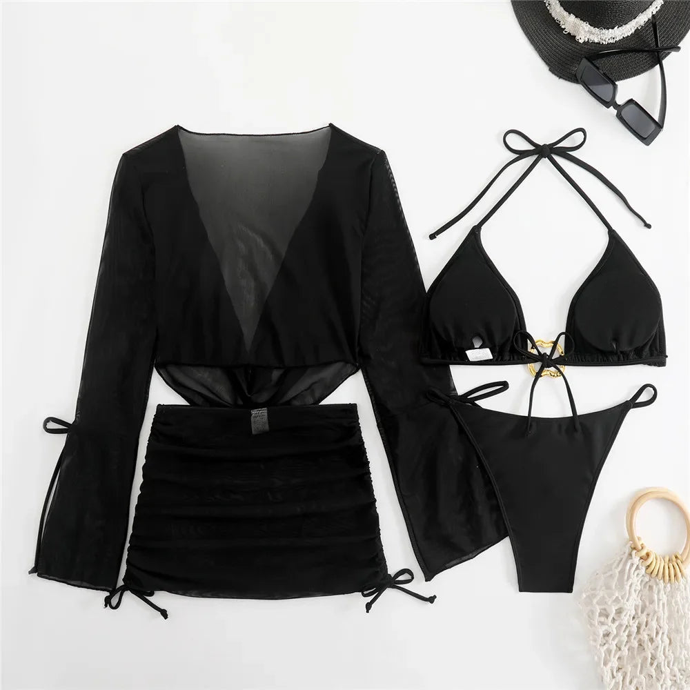 Women’s Brown Halter String Triangle Bikini Set — 4‑Piece Mesh Smock Cover‑Up Swimwear with Metal Ring Details