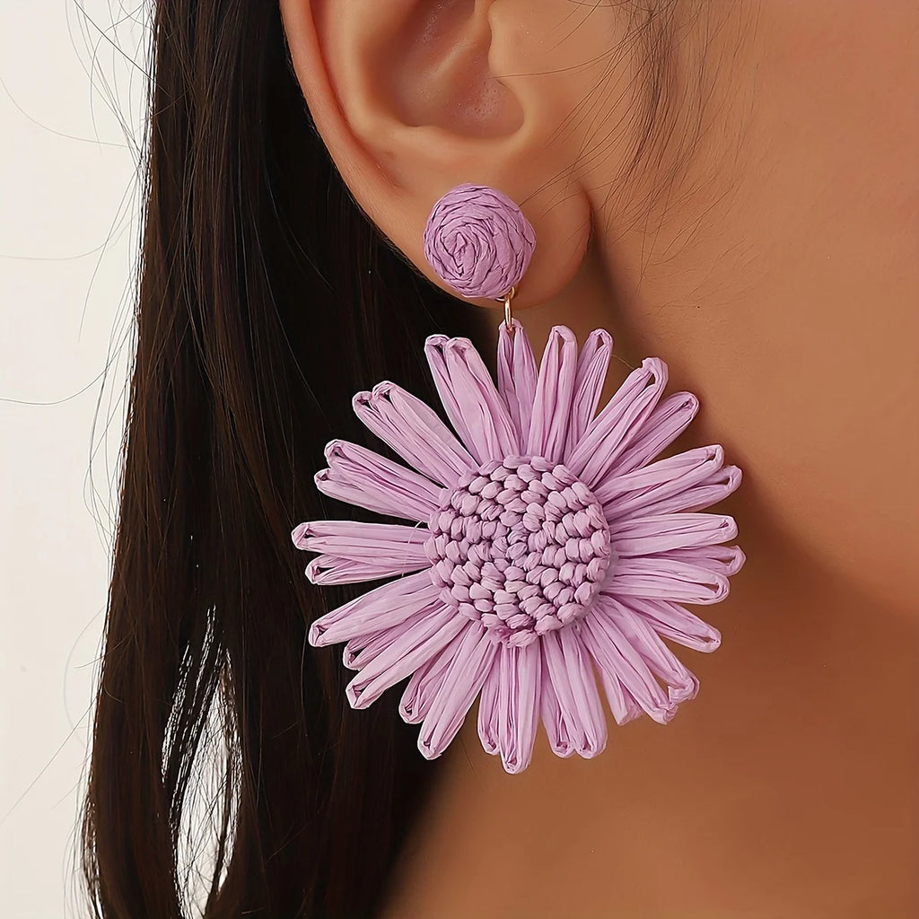 Bohemian vacation style hand-woven raffia sunflower droop earrings beach style multi-color fashion ladies special gift (1 pair)