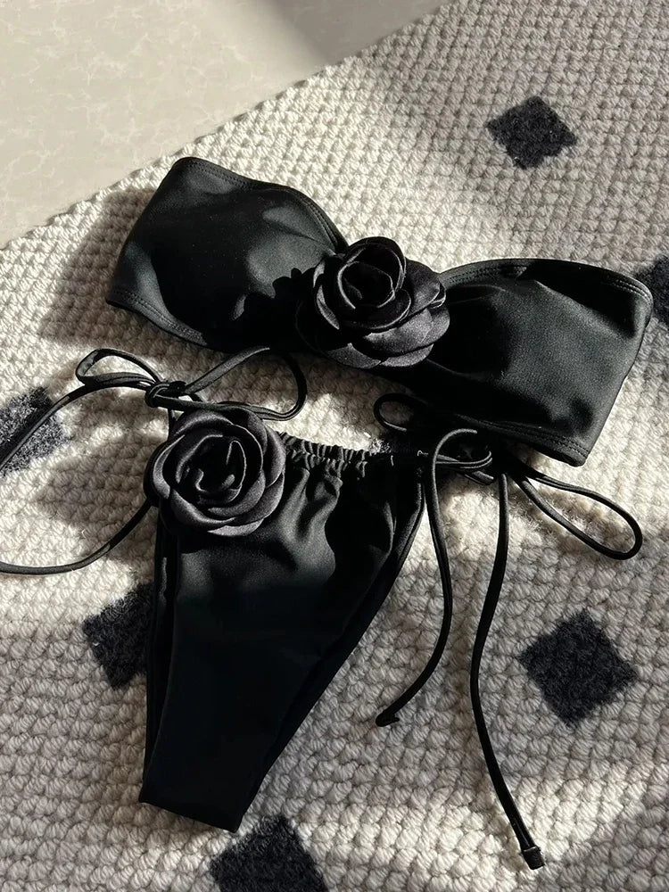 OIINAA Swimsuit Women Sexy Soild Color Bikini Set 3D Floral Swimwear Split Strapless Two-Piece Biquini Lace Up Bathing Suit 2024