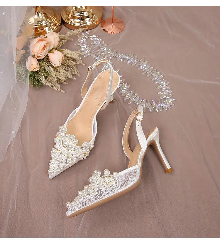 2025 White Wedding Shoes Bridesmaid Shoes Women's Lace Shoes Fashion High Heels Pearl Pumps