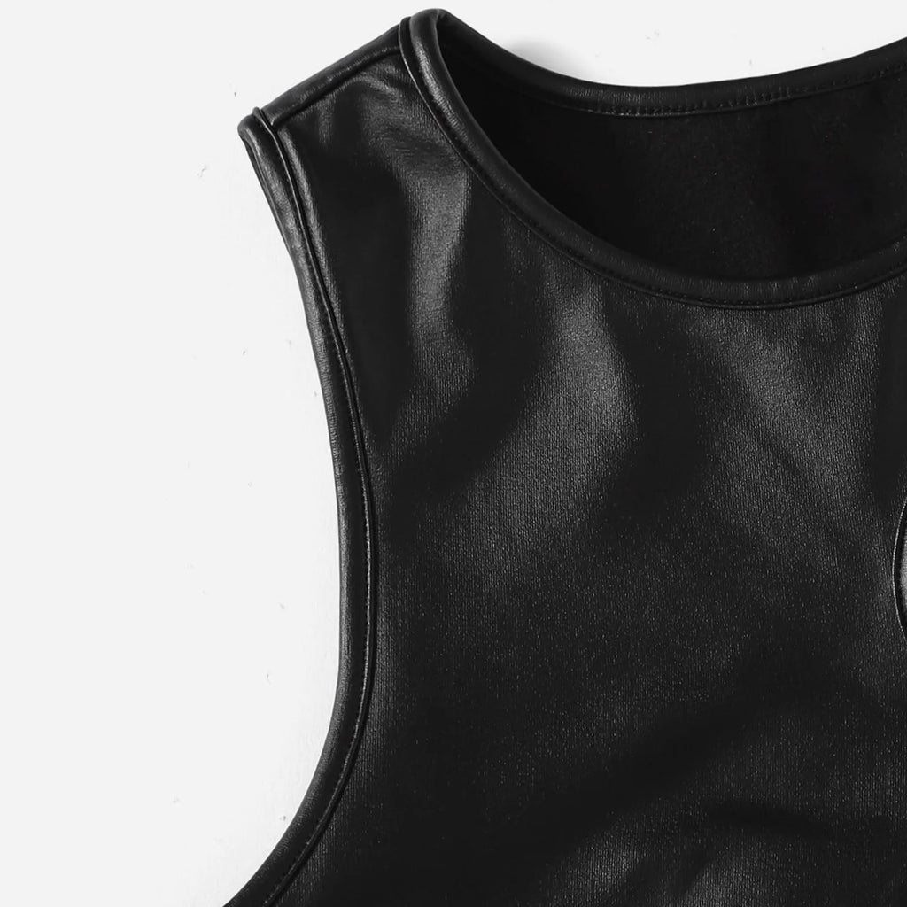 Women's Black Tops Asymmetrical Hollow Out Camisoles PU Leather Bare Midriff Cropped Tops Mujer Slim Fit Streetwear Summer Vest