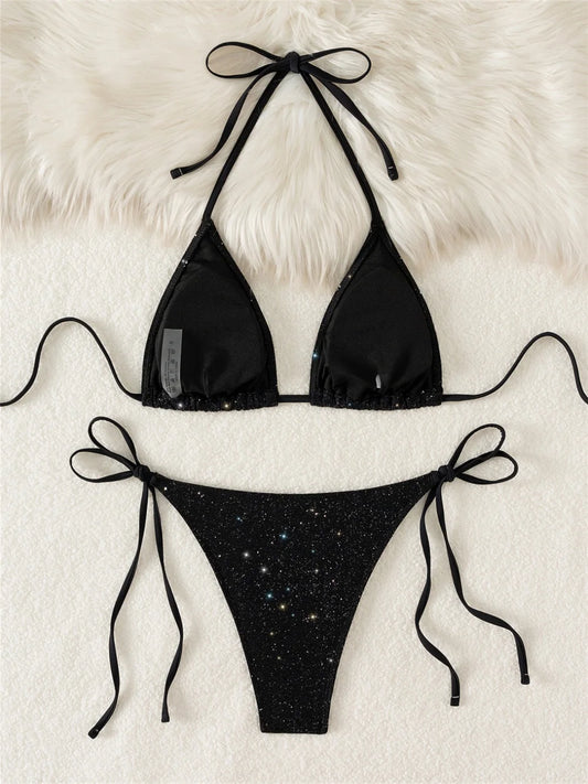 Women’s Shiny Tinsel Micro String Bikini – Black Y2K Sequin Push‑Up Triangle Swimsuit 2025