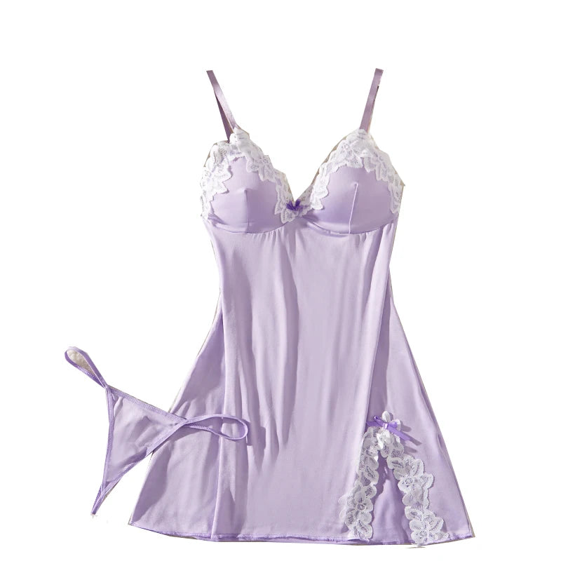Light Purple Deep‑V Lace Bow Nightdress