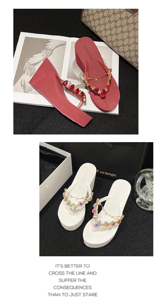 Women’s High Heeled Flip Flops — Diamond Slope Heel Slippers Elegant Beach Sandals