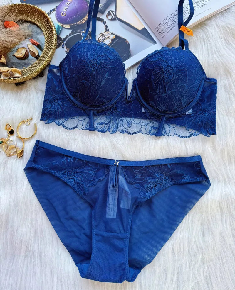 Big Size 70-85 BCD 2025 New Embroidery Deep-V Neck Lingerie For Women Sexy Underwear Thin Thicken Push Up Female Bra Pants Sets