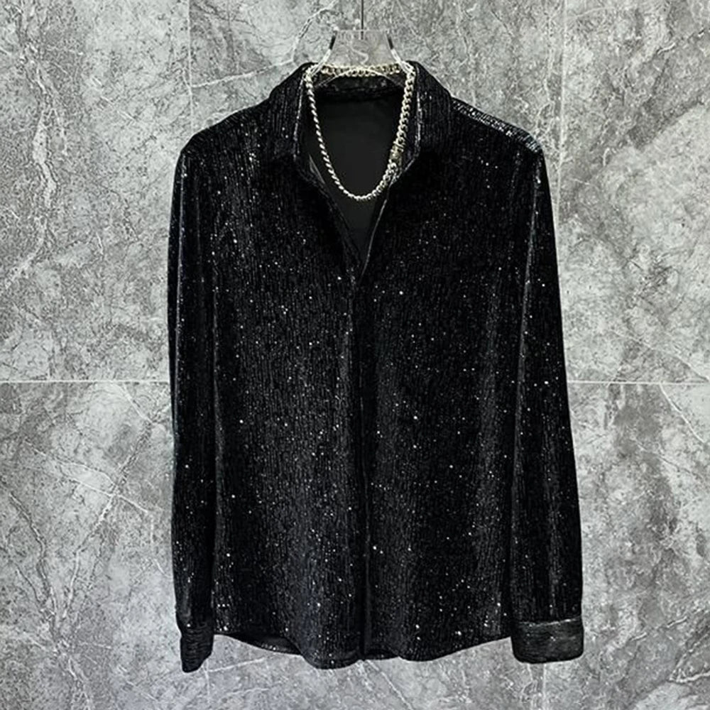 Gold Velvet Shiny Long‑Sleeve Shirt